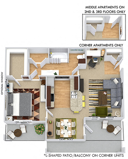 Floor plan for 1 bed, 1 bath, 802 sqft